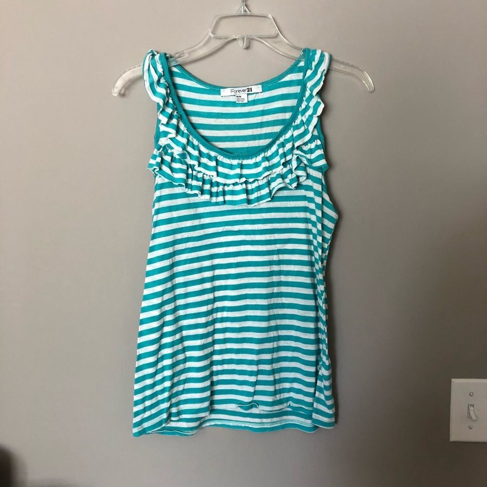 Forever 21 Medium Mint Green & White Ruffled Tank
